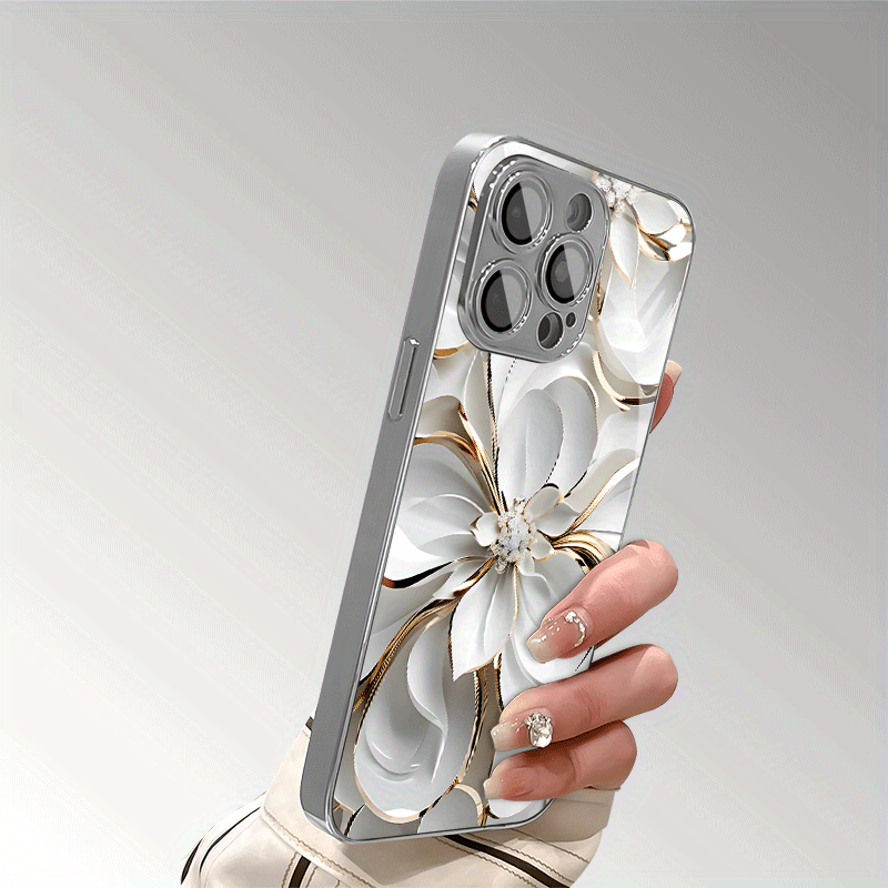 Light Luxury Elegant Ceramic Texture Golden Wire White Flower Pattern Electroplated Glass Mobile Phone Case with Lens Protection for iPhone 16/16Pro/16ProMax/16Plus/15/15Plus/15Pro/15ProMax, 14/14Plus/14Pro/14ProMax, 13/13Pro